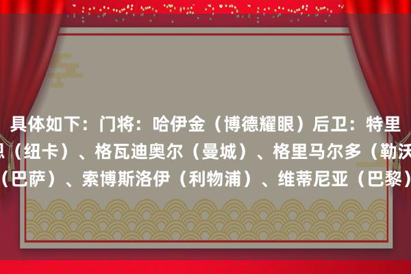 具体如下:门将:哈伊金(博德耀眼)后卫:特里皮尔(纽卡)、丹·伯恩(纽卡)、格瓦迪奥尔(曼城)、格里马尔多(勒沃库森)中场:亚马尔(巴萨)、索博斯洛伊(利物浦)、维蒂尼亚(巴黎)、奥利塞(拜仁)前卫:姆巴佩(皇马)、凯恩(拜仁) 体育录像/图片